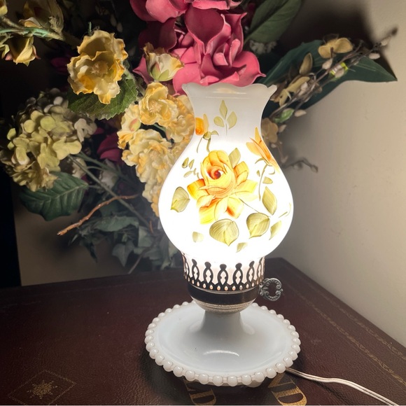 Vintage Milk Glass Lamps Yellow Roses Handpainted Ruffled Hobnail - Picture 2 of 11